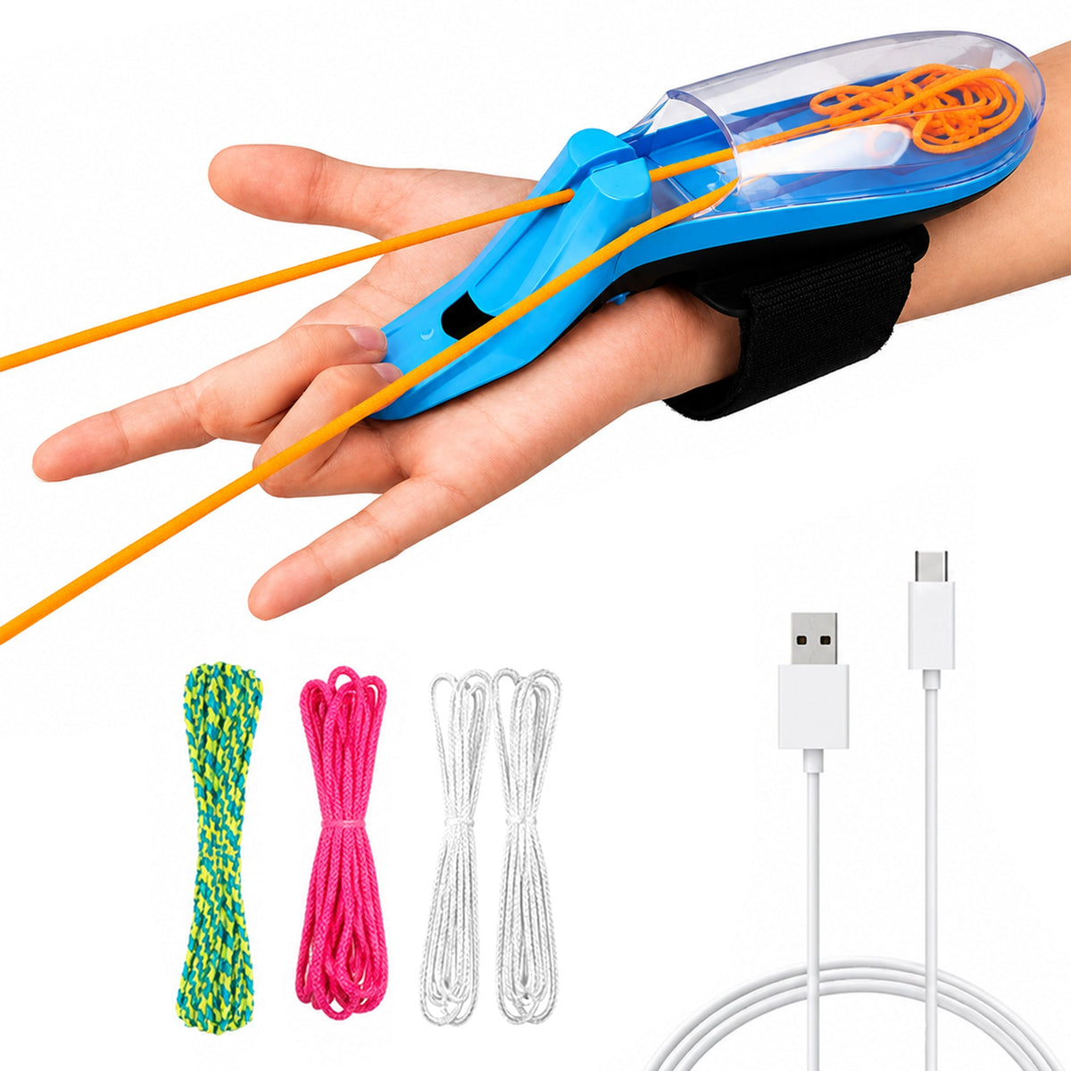Handheld web shooter toy spinning a fast loop of string in the air, by Kidology