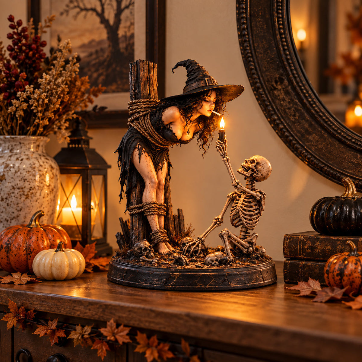 Witch & Skeleton Candle Scene Figurine – Dark Gothic Halloween Tabletop Decor