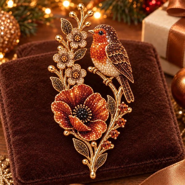 🐦🌸Robin & Poppy Crystal‐Encrusted Vintage Brooch 🐦🌸