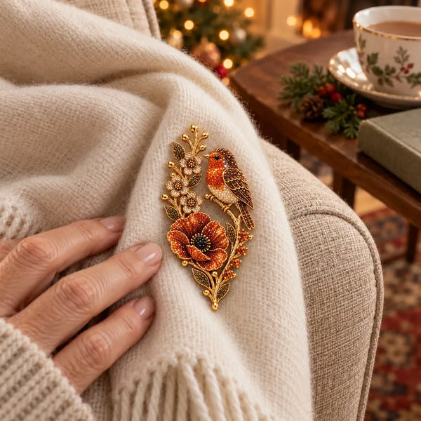 🐦🌸Robin & Poppy Crystal‐Encrusted Vintage Brooch 🐦🌸