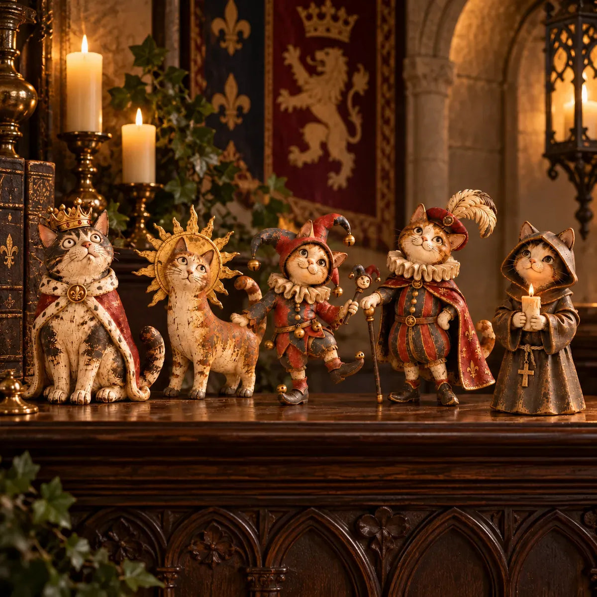 👑 Medieval Cat Court Figurines | 5 Vintage-Inspired Royal Characters for Shelves, Mantels & Cat Collectors 🐈